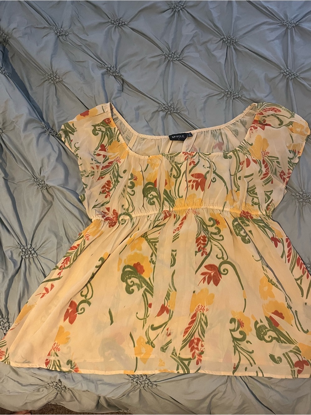 Unique Spectrum Yellow Floral Empire-Waist Flutter Blouse